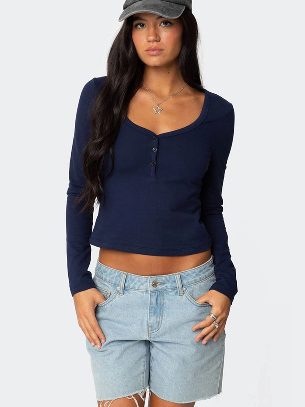 Brandy Melville Navy Long-Sleeve Henley Crop Top